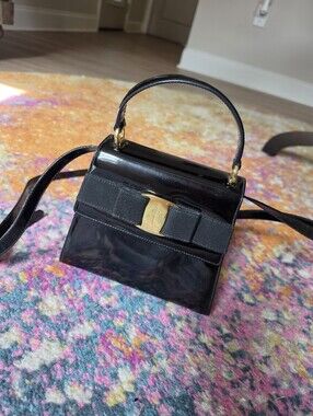 Authentic Salvatore Ferragamo Black Patent Leather Top-Handle Crossbody Bag